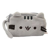 A soft gray plush cat pencil case with a zipper and black markings on its face.