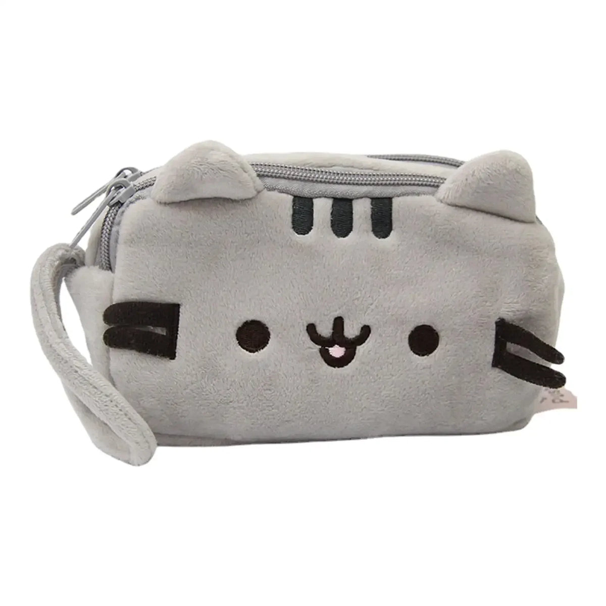 A soft gray plush cat pencil case with a zipper and black markings on its face.