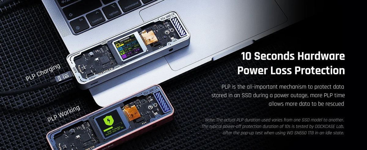 A laptop shows an NVMe SSD enclosure with an LCD display, demonstrating 10 seconds hardware power loss protection.