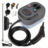 A high-powered handheld steam cleaner with various attachments and a coiled black hose is shown.
