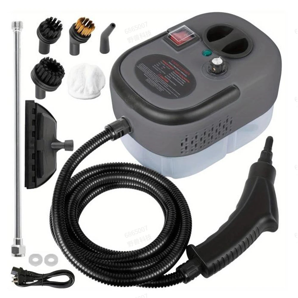 A high-powered handheld steam cleaner with various attachments and a coiled black hose is shown.