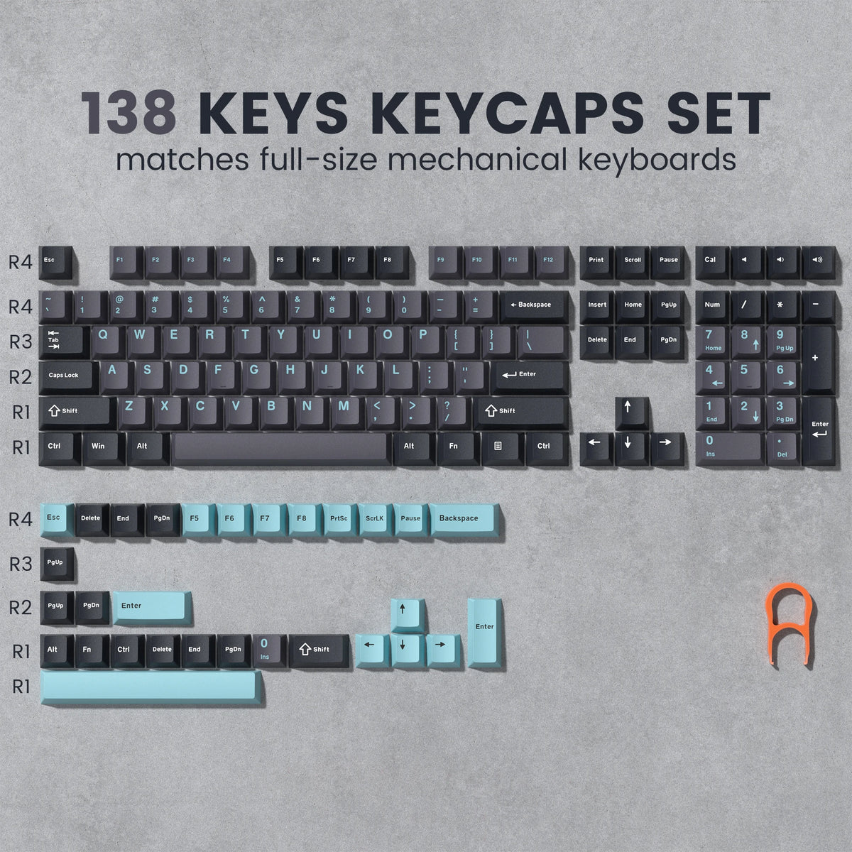 A set of 138 keys keycaps for full-size mechanical keyboards shown in various layouts.