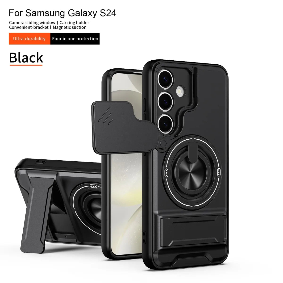 Black armor shockproof phone case for Samsung Galaxy S24 with a camera sliding window and built-in kickstand