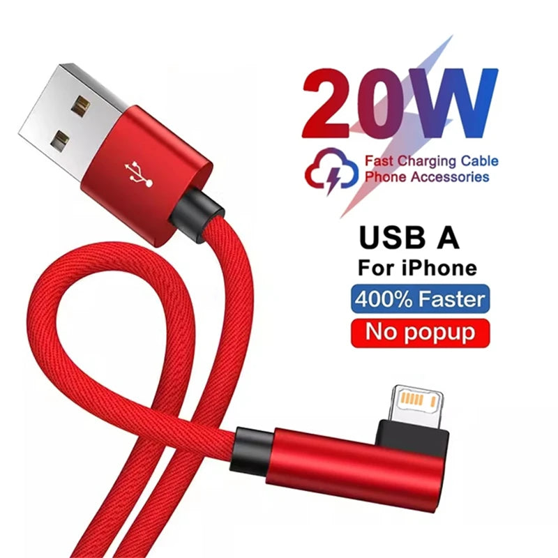 A red braided USB charging cable with a 90 degree elbow connector for iPhone accessories.