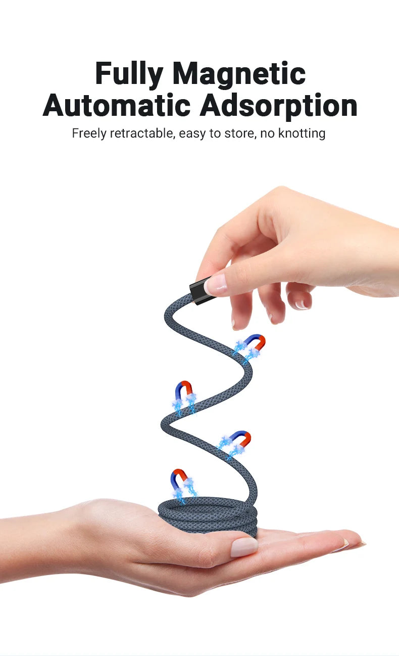 A hand is demonstrating a fully magnetic automatic adsorption cable with multiple connectors, showing its flexible and magnet