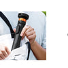 A black magnetic selfie stick tripod is shown next to a measurement guide and in use by a person.