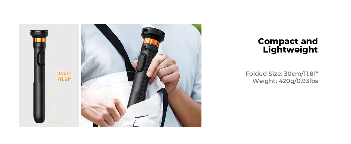 A black magnetic selfie stick tripod is shown next to a measurement guide and in use by a person.