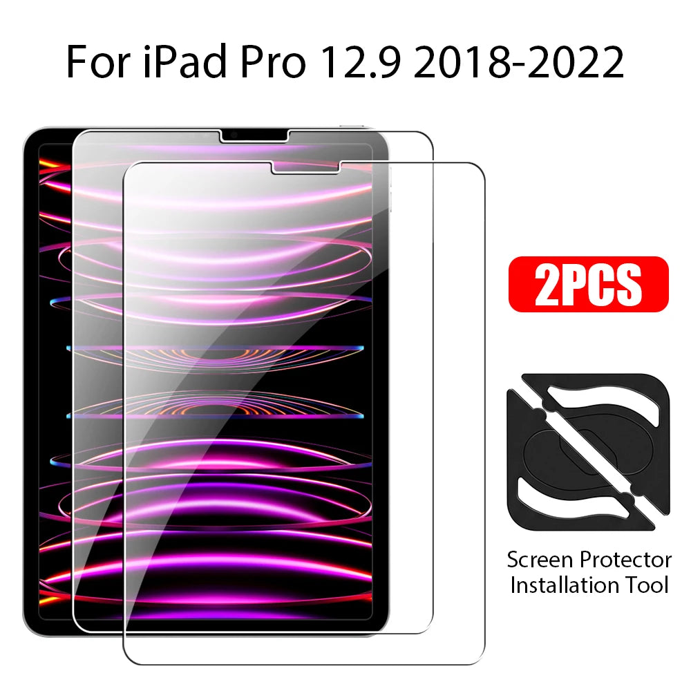 Two clear tempered glass screen protectors and an installation tool for iPad Pro 12.9 2018-2022