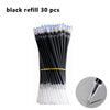 Arreglo vertical de 30 bolígrafos de gel negros con frascos de plástico transparente y cintas amarillas.