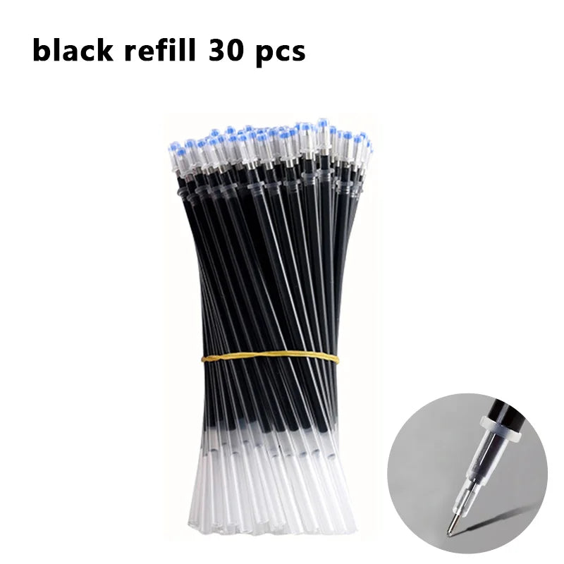 Arreglo vertical de 30 bolígrafos de gel negros con frascos de plástico transparente y cintas amarillas.