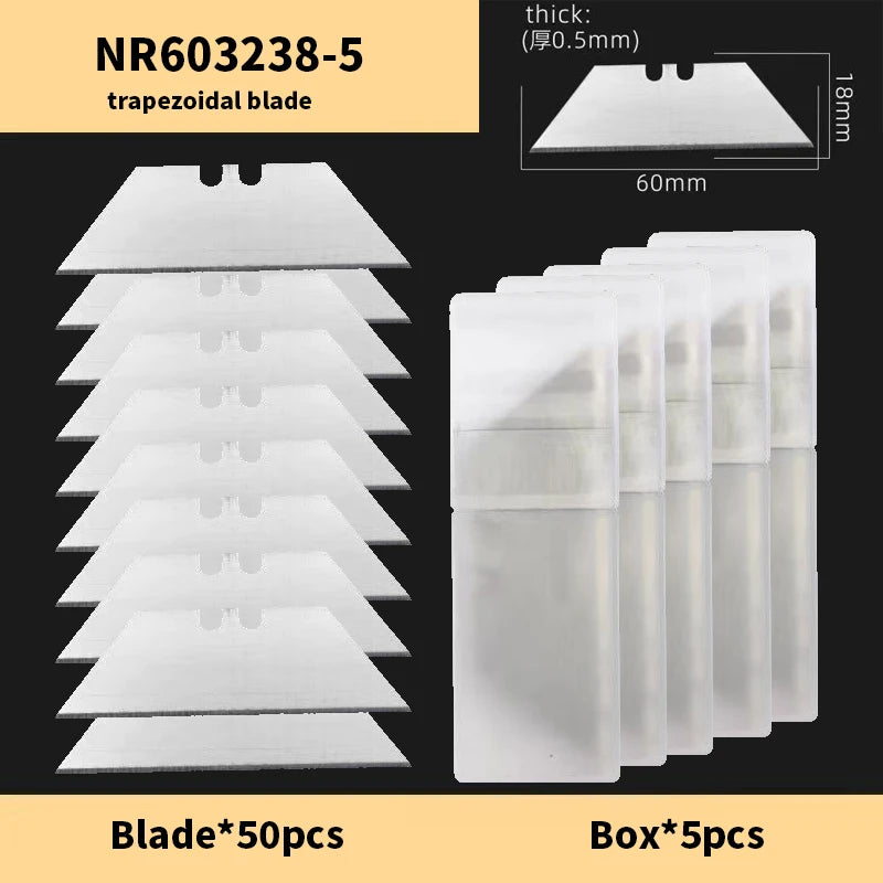 Un juego de 50 cuchillas trapezoidales de utilidad empaquetadas en una caja para bricolaje y manualidades