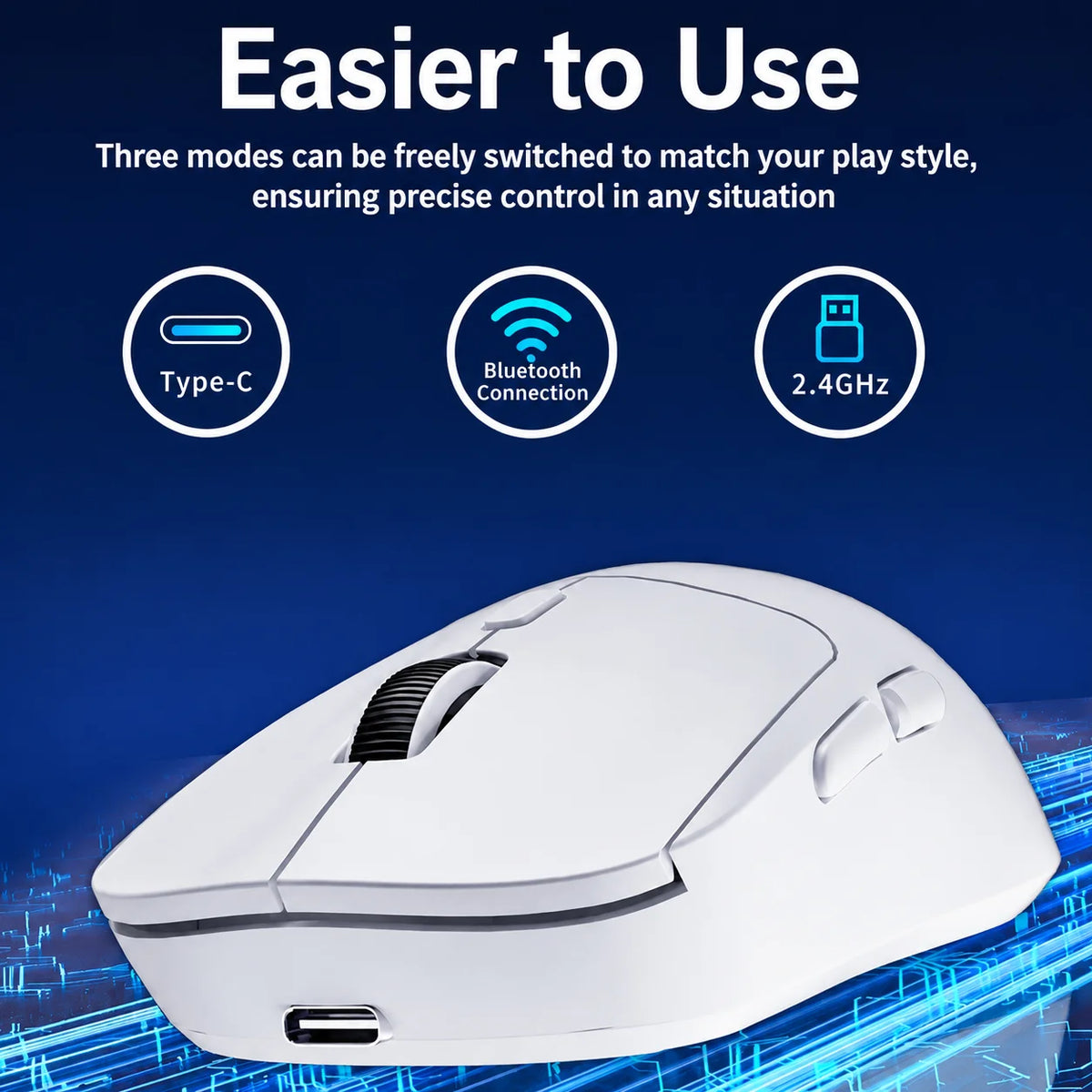 Souris sans fil bidirectionnelle blanche avec icônes Type-C, Bluetooth et 2.4GHz