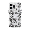 A clear phone case with a black floral pattern and a camera module visible.