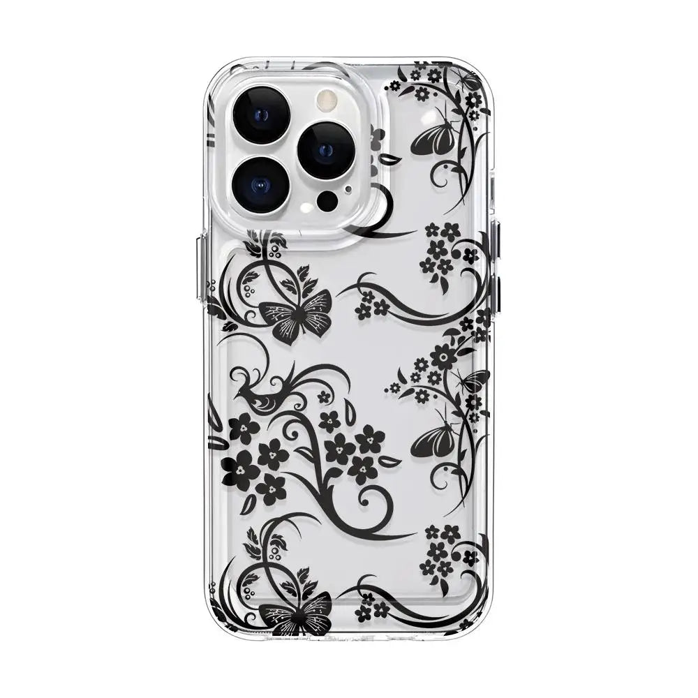 A clear phone case with a black floral pattern and a camera module visible.