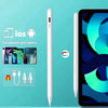 Pluma stylus capacitiva universal blanca junto a una tableta, indicando compatibilidad con dispositivos iOS y Android.