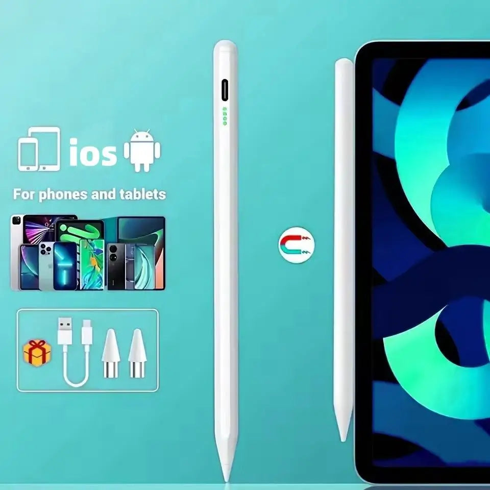 Pluma stylus capacitiva universal blanca junto a una tableta, indicando compatibilidad con dispositivos iOS y Android.