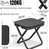 Taburete portátil plegable negro con asiento acolchado y compartimento de almacenamiento, mostrando las dimensiones.