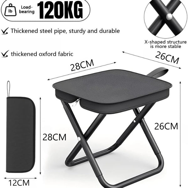 Tabouret portable pliable noir avec siège rembourré et compartiment de rangement, montrant les dimensions.