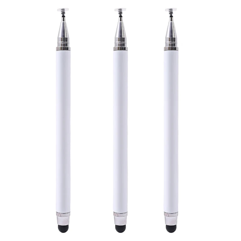 A set of three white dual-tip capacitive stylus pens shown vertically.