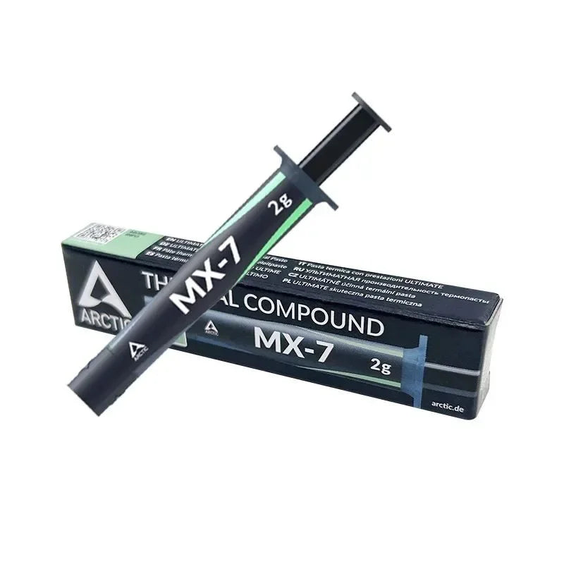 Tubo de pasta térmica Arctic MX-7 con aplicador negro y empaque.