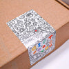 A sheet of rectangular thank you gift stickers with various hand-drawn icons and text on brown kraft paper.
