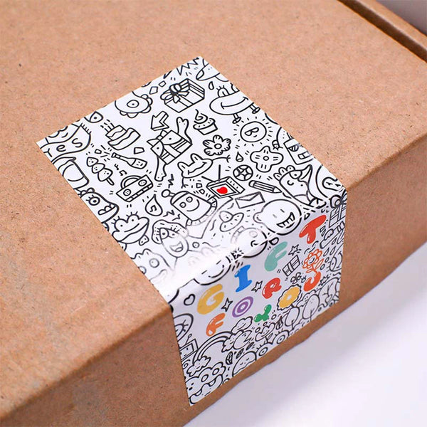 A sheet of rectangular thank you gift stickers with various hand-drawn icons and text on brown kraft paper.