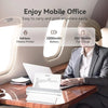 A woman in business attire uses a compact thermal receipt printer to print a contract on a laptop in an airplane setting.