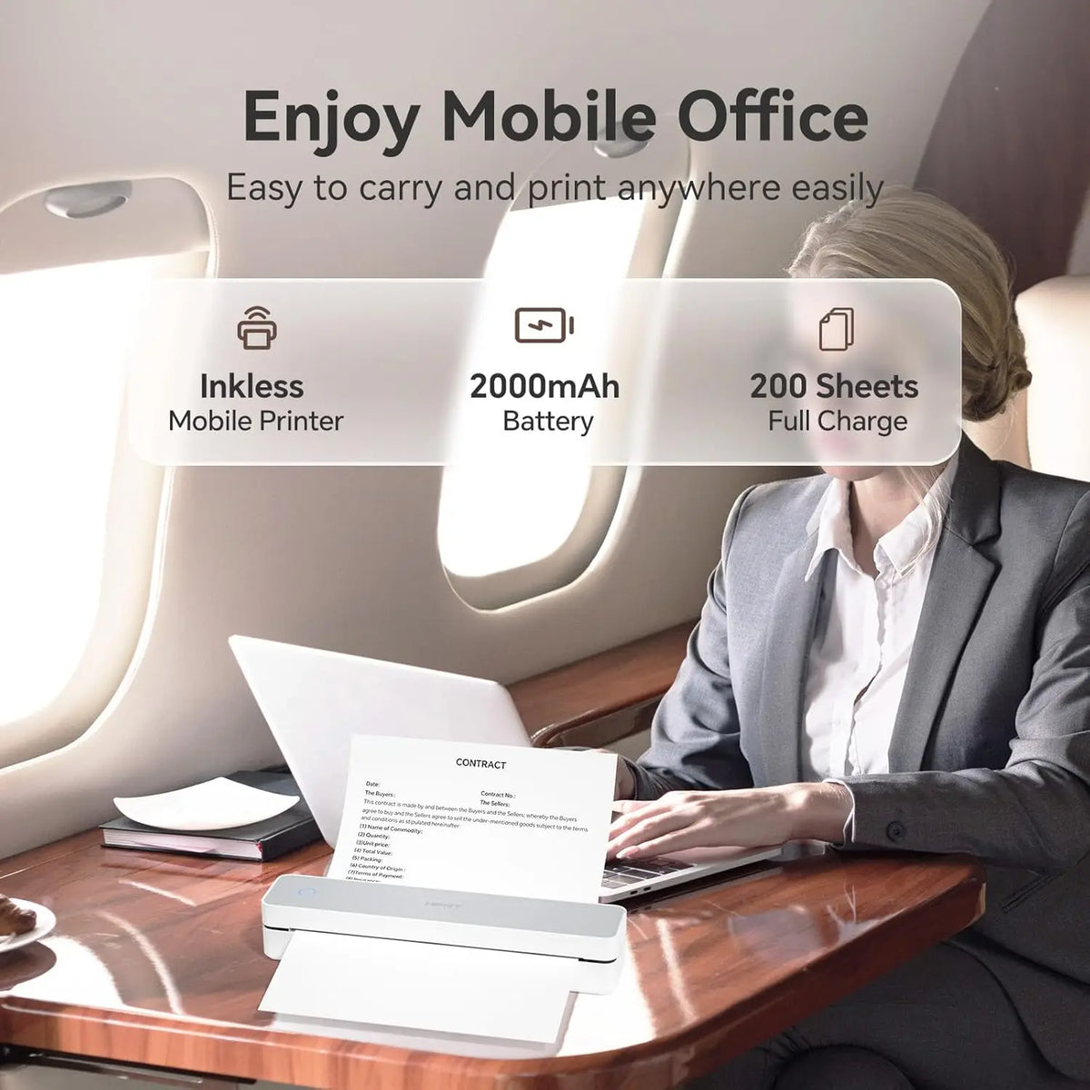A woman in business attire uses a compact thermal receipt printer to print a contract on a laptop in an airplane setting.