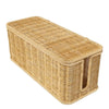 Handwoven rattan cable management box with a lid, rectangular in shape.