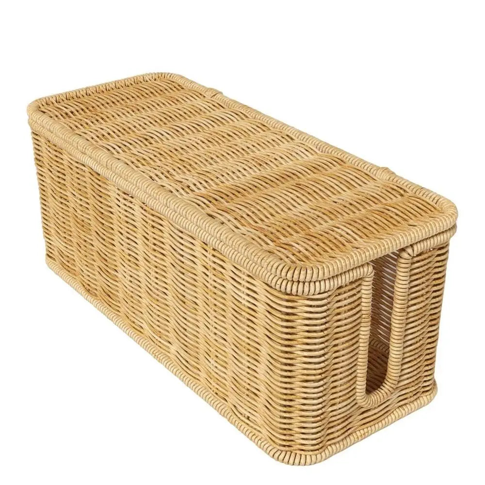 Handwoven rattan cable management box with a lid, rectangular in shape.