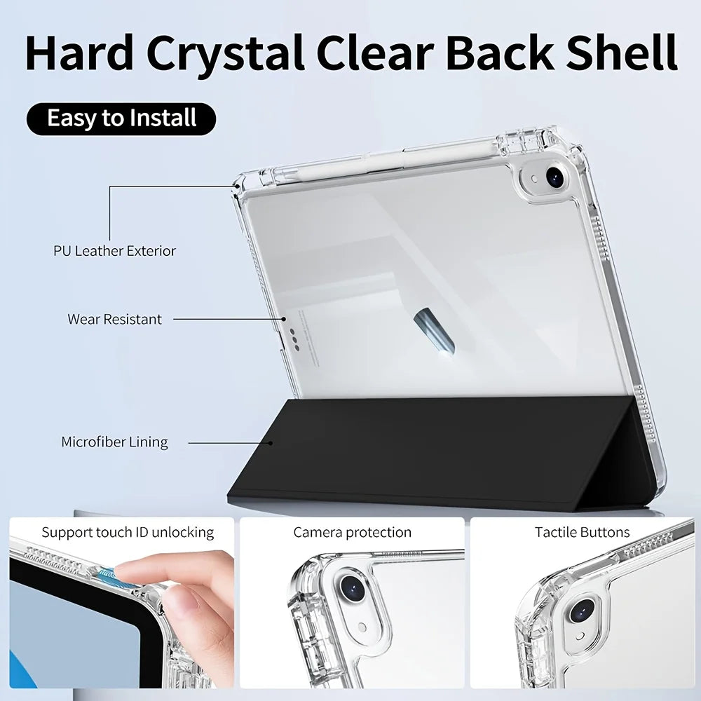 A clear back shell for an iPad case showing features like PU leather exterior, microfiber lining, ID unlocking, camera protec