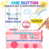 Pink water dispenser with a drain button and water reservoir for cleaning paint brushes