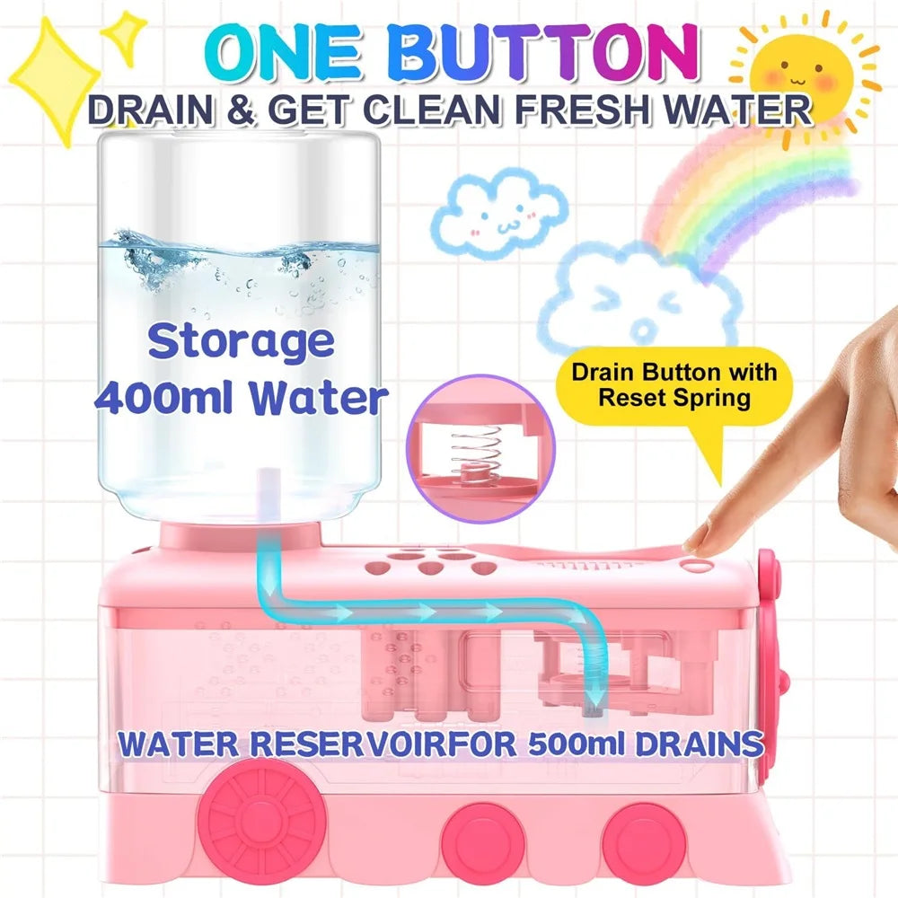 Pink water dispenser with a drain button and water reservoir for cleaning paint brushes