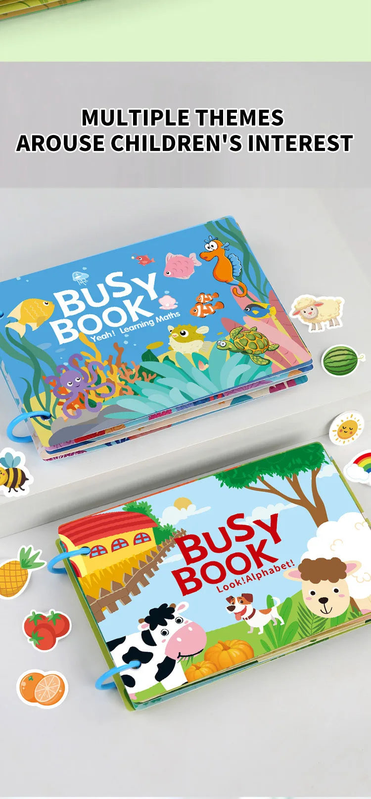 A colorful busy book with various animal and nature themes for children's learning.