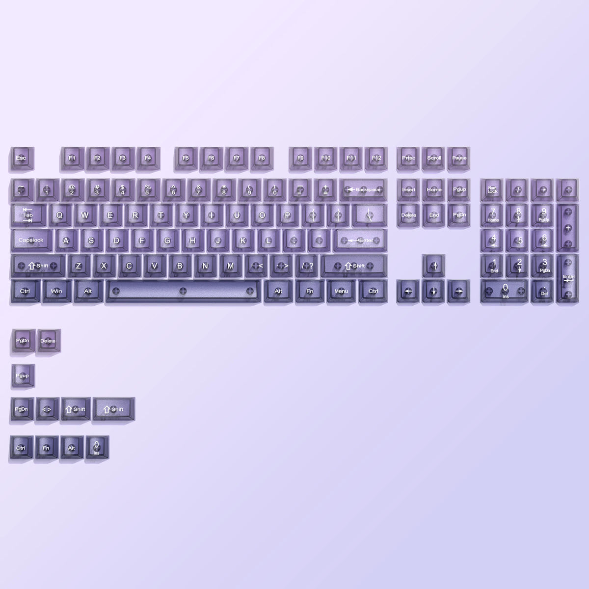 A close-up view of a full set of crystal clear RGB keycaps for a mechanical keyboard.