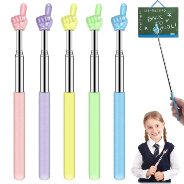 A set of five stainless steel telescopic teaching pointers in pink, purple, yellow, green, and blue.