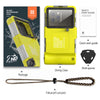 Yellow waterproof phone case with a lens, packaging, and a fall proof lanyard.