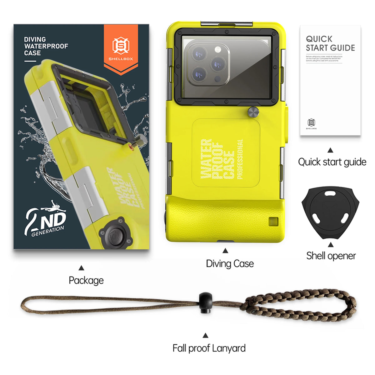 Yellow waterproof phone case with a lens, packaging, and a fall proof lanyard.
