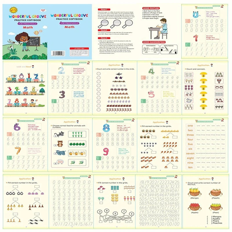 A set of guided writing practice books for preschoolers featuring numbers and letters.