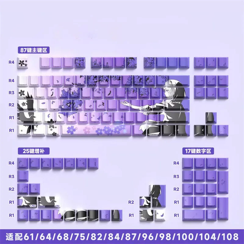 A display of various purple and black anime themed PBT keycaps organized by region for a mechanical keyboard