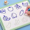 A notebook page filled with blue line drawings of various fruits and vegetables like apples carrots and pears