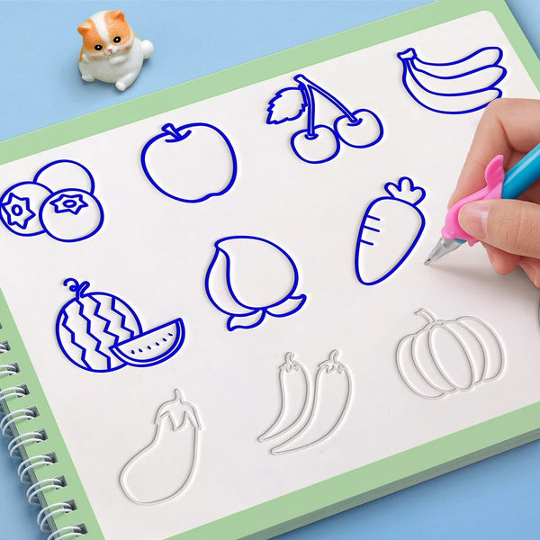 A notebook page filled with blue line drawings of various fruits and vegetables like apples carrots and pears