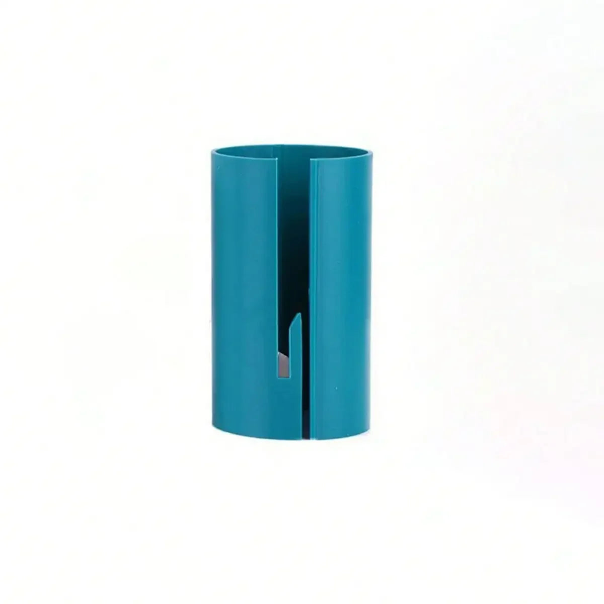 A teal plastic wrapping paper cutter with a hinged design.
