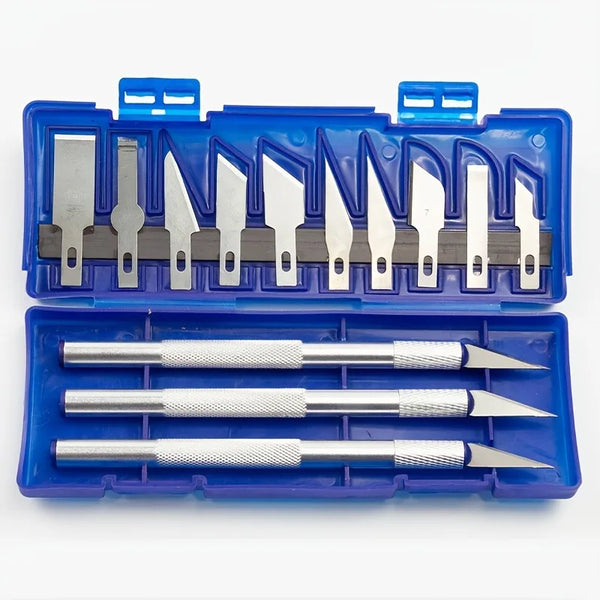 A blue plastic case containing a set of silver precision carving knives for crafting and paper cutting.