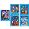 A set of six colored illustrations featuring cartoon characters and space themes for a magic water book.