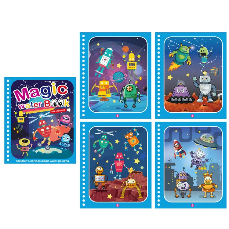 A set of six colored illustrations featuring cartoon characters and space themes for a magic water book.