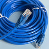 A coiled blue Cat6 Ethernet patch cable with a connector tip visible.