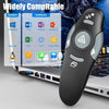 A black presentation pen pointer remote is shown next to a laptop displaying various software icons.