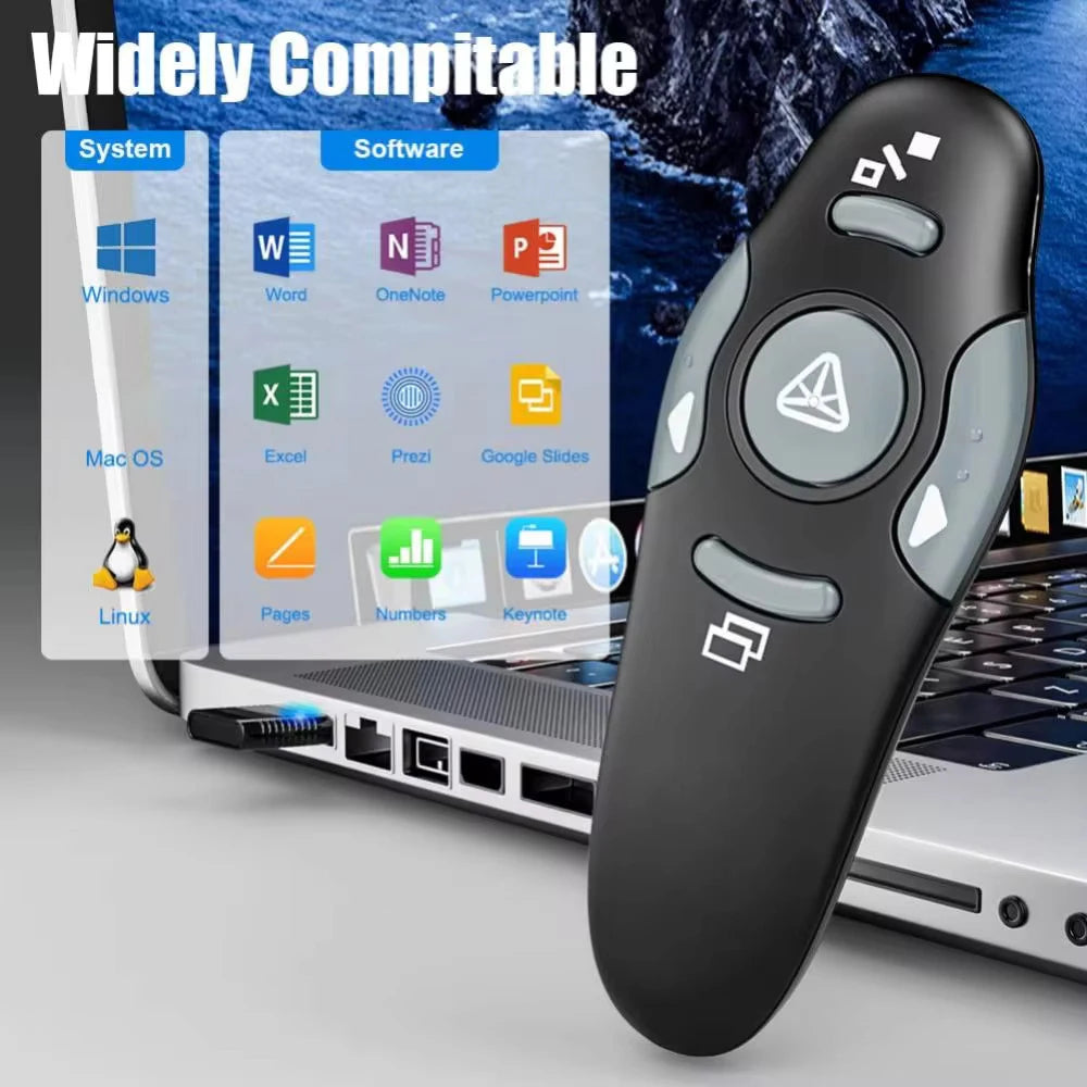 A black presentation pen pointer remote is shown next to a laptop displaying various software icons.