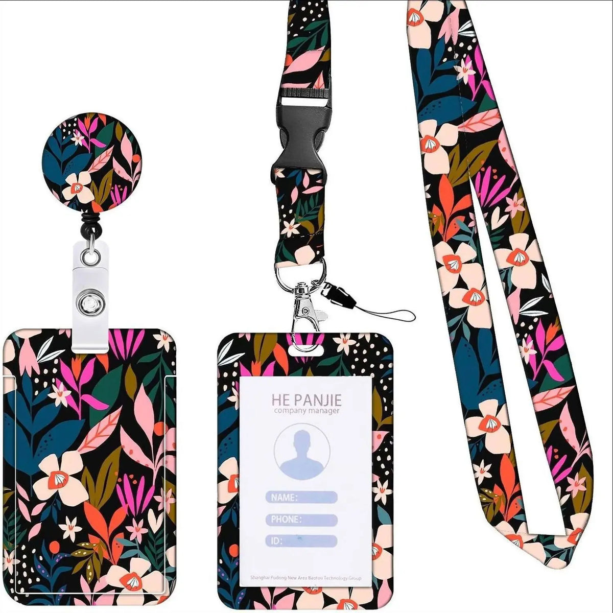 Floral retractable badge reel with a patterned lanyard and card holder.